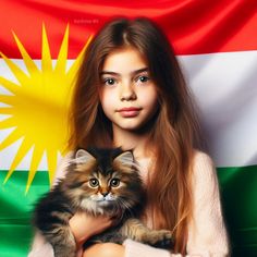 a girl with long hair holding a cat in front of the flag of myanmar and malaysia