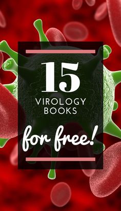 the text reads 15 virollogy books for free on a red background with germs