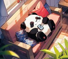 a panda bear laying on top of a couch next to a plant in a living room