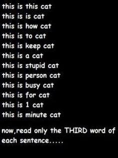 the cat is standing in front of a black background with words written on it that read, this is this cat