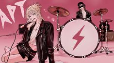 two people are playing drums in front of a pink background with lightning bolt on it