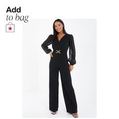 in stock Chic Fitted Jumpsuits With Sheer Sleeves, Chic Fitted Jumpsuits And Rompers With Sheer Sleeves, Elegant Black Jumpsuit For Going Out, Palazzo Jumpsuit, Black Chiffon, Chiffon Material, Mesh Sleeves, Black Jumpsuit, Wide Leg