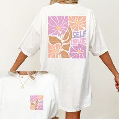 "Enjoy this Comfy boho style wildflowers shirt with self love positive message.  Perfect gift for mom, daughter or sister. All shirts are UNISEX    Due to the nature of this product I am unable to accept returns or exchanges.  All items are made to order once order is placed.  Please make sure your order is accurate before placing order. **SHIPPING AND PROCESSING TIMES  We provide flat-rate shipping, ensuring consistent shipping costs, regardless of the number of shirts you order! Refer to below turnaround times. US ORDERS: \"Standard\" shipping delivers within 2 weeks* from the order date. *Please note that holidays may result in a 1-2 business day delay if the post office is closed. GARMENT CARE  To maintain the quality of your shirts, wash them inside out on a gentle cycle with cold wat White Hippie T-shirt For Spring, White Relaxed Fit Hippie T-shirt, Self Care Shirt, Floral Tee, Positive Messages, Mom Daughter, Party Prints, Perfect Gift For Mom, Health Awareness