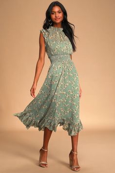 Pretty Midi Dresses, Mock Neck Midi Dress, Dress Sage Green, Sage Green Floral, Dress Sage, Boho Midi Dress, Green Floral Print, Dress Chiffon, Closet Inspiration