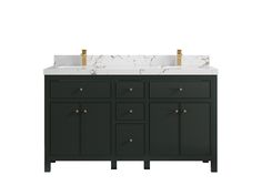 a bathroom vanity with two sinks and marble counter top in dark green, gold accents