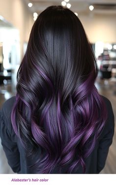 Black With Purple Highlights Hair, Purple Hair On Dark Brown Hair, Dark Hair With Colorful Highlights, Black And Violet Hair, Violet Highlights On Dark Hair, Black To Purple Ombre Hair, Dark Hair Purple Highlights, Dark Purple Hair Ombre, Purple Highlights On Black Hair