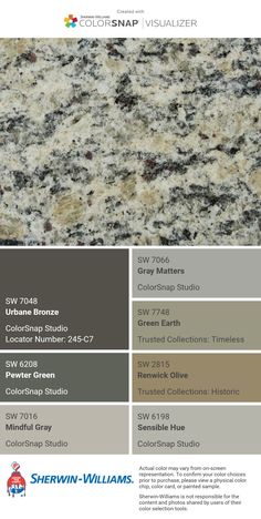 the color scheme for this granite countertop shows different colors and finishes, including brown, gray