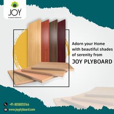 an ad for joy plywood with different types of wood and paint on the wall