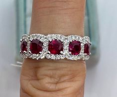 Exquisite ruby and diamond band white gold. These rubies are gorgeous in color with a lot of sparkles. Each ruby is surrounded by white and sparkling diamonds. Nice ring to wear as a wedding band or right hand ring. Rubies are a hard gemstone, so it's ideal for everyday wear. Lower profile setting and smooth, won't catch on stuff. 7.1mm width. Please order 1/4 size bigger for comfortable fit as this is a bit wider band ring. This lovely ring is one to be treasured for generations. Natural earth Ruby Diamond Ring, Moon And Star Ring, Womens Rings Fashion, Ruby Diamond Rings, Right Hand Rings, Hand Ring, Ring Art Deco, Classic Style Women, Wide Band Rings