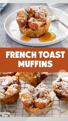 french toast muffins on a white plate with orange sauce