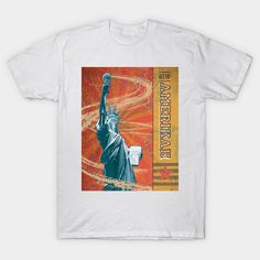 a white t - shirt with the statue of liberty on it's chest and an orange background