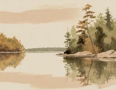 watercolor painting of trees and rocks on the edge of a lake with calm waters