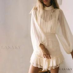 Lasaky - Elegant Loose-Fitting Lantern Sleeve Dress with Stand Collar and Waist Cinching - Minimalist Style Dorothy Dandridge, Flounce Hem Dress, Diy Vetement, Ruched Mini Dress, Lantern Sleeve Dress, The Perfect Guy, Cream Dress, Skirt Design, Looks Style