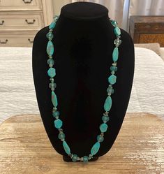 Vintage Turquoise Blue Beaded Long Statement Necklace  In excellent condition  Total length unclasped and lying flat is 31" #1523 Turquoise Beaded Costume Jewelry Necklace, Costume Jewelry Turquoise Beaded Necklace, Blue Single Strand Turquoise Necklace, Blue Turquoise Necklace With Large Beads For Jewelry Making, Blue Beaded Turquoise Costume Jewelry Necklace, Turquoise Long Necklace With Round Natural Stones, Beaded Blue Turquoise Costume Jewelry Necklace, Turquoise Beaded Long Necklace For Beach, Long Blue Beaded Turquoise Necklace