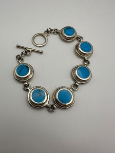 Mexico Sterling Silver .925 13.9mm Circle Turquoise Link Bracelet 39.1g Vintage Turquoise Round Cabochon Bracelets, Turquoise Cabochon Round Bracelets, Turquoise Cabochon Bracelet, Turquoise Gemstone Sterling Silver Bracelet, Chain Link Bracelet, Link Bracelets, Chain Link, Etsy Vintage, Jewelry Bracelets