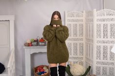 "MATERIAL : 3 strands soft premium quality mohair . COLOUR : Green ( There may be a slight difference because of the different monitors' representation) ♥ In the picture the model is wearing a garment with these measurements : A: ( Body lenght) : 28 \" / 71 cm B: ( Chest width) : 22.8 \" / 58 cm C: (Sleeve from under the arm) :21.7 \" / 55 cm D: (Neck unrolled) : 11.8 / 30 cm They are taken with the item laid flat and not streched. ♥ For choosing your size please look at size chart in our listin Chunky Turtleneck, Sweater Chunky, Fluffy Socks, Fluffy Sweater, Mohair Yarn, Mohair Sweater, Pullover Sweater Women, Chunky Knits Sweater, Cool Sweaters