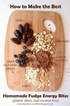 ingredients to make the best homemade fudge energy bites on a cutting board with text overlay