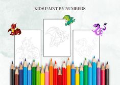 there are many different colored pencils next to each other with dragon pictures on them