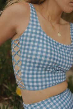 Blue and White Gingham Modest Bikini Top | Geode Swimwear Summer Swimwear With Built-in Bra And Tank Straps, Summer Tops With Built-in Bra For Pool, Spring Beach Tank Top With Square Neck, Square Neck Tank Top For Beach, Spring Poolside Tank Top With Built-in Bra, Summer Beachwear Tank Top With Scoop Neck, Summer Scoop Neck Beachwear Tank Top, Summer Swimwear With Tie Back And Tank Straps, Summer Swimming Top With Built-in Bra