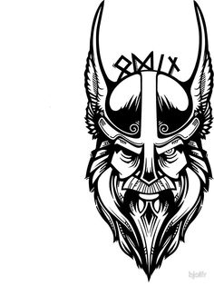 a black and white drawing of a demon mask with horns on it's face