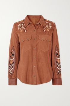 Fortela's 'Blondie' shirt is a unique take on classic Western styles. Cut from supple tan suede, it's intricately embroidered with floral motifs across the yoke and leather-trimmed sleeves that showcase the brand's artisanship. Wear yours with blue jeans and loafers. Cutout Shirts, Embroidered Leather, Fall Capsule Wardrobe, Tan Suede, Floral Motifs, Western Outfits, Leather Fabric, Fall Wardrobe, Women Collection