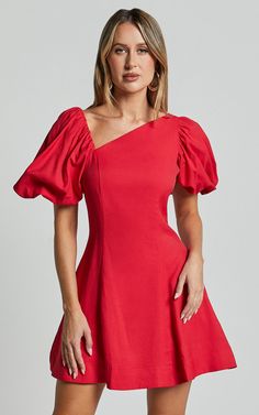 Harlow Mini Dress - Asymmetric Puff Sleeve Flare Dress in Red Rep Era, Dresses For The Races, Asymmetric Neckline, Red Dresses