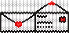 a cross stitch pattern with a house on the front and red dots in the back