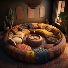 a living room filled with lots of furniture and pillows on top of a wooden floor