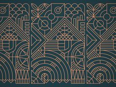 an art deco design with gold lines and geometric shapes on a dark green background illustration