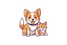 a corgi dog and its baby sitting next to each other on a white background