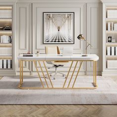 an office with white walls and wooden floors, bookshelves are in the background