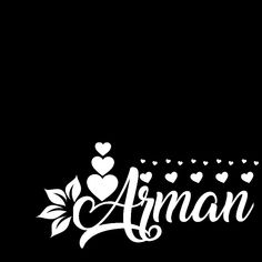 the word anan with hearts and leaves in white ink on a black background, surrounded by smaller hearts