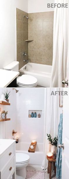 before and after photos of a bathroom remodel with white walls, tile flooring, shower curtain, toilet and tub