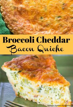 broccoli cheddar bacon quiche on a green plate with a fork