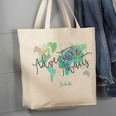 Adventure Awaits Personalized Canvas Tote Bag - Large - For Her Travel Phrases, Personalized Canvas Tote, Canvas Bag Design, Purse Hanger, Birthday Trip, Personalized Canvas, Diy Tote Bag, Travel Tote Bag, Personalized Tote Bags