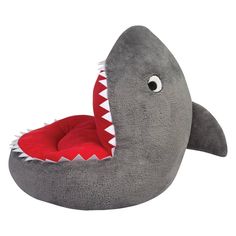 a stuffed shark with its mouth open