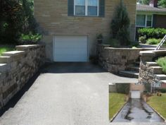 a driveway with steps leading up to the garage door and another photo of an entry way