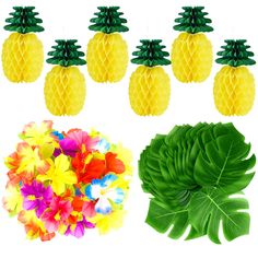 pineapples, flowers and leaves are arranged in different shapes