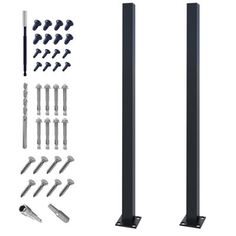 two black metal poles with screws and wrenches