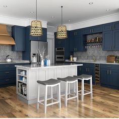 a large kitchen with blue cabinets and white counter tops is pictured in this artist's rendering