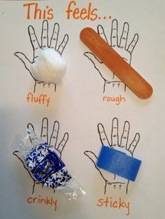 four different types of hand puppets on a white board with words written below them, including fingers and gummy