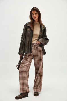 A perfectly plaid version of our Hudson Canyon Stripe Pants, this slouchy pair is featured in a high-rise fit and wide-leg style with a drawstring waistband. **Fit:** High-rise; wide, full-length legs **Features:** Soft cotton fabrication with wide plaid print throughout, adjustable drawstring waistband, pockets for hands, back-pocket detail **Why We ❤ It:** These billowy pants pair perfectly with your favorite tank and strappy sandals. | Hudson Canyon Pants by Free People in Tan, Size: XL Fall Season Wide Leg Trousers, Fall Utility Wide Leg Pants With Relaxed Fit, Casual Plaid Wide Leg Pants, Plaid Wide-leg Pants For Fall, Plaid Bottoms For Fall Loungewear, Plaid Wide Leg Bottoms For Fall, Plaid Loungewear Bottoms For Fall, Plaid High-waisted Wide Leg Pants For Fall, Casual Plaid Wide Leg Pants For Fall