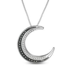 Mysterious and enchanting, this diamond moon pendant draws all the right kinds of attention. Created in sterling silver and black rhodium plate, this beaded design features a double crescent glistening with enhanced black diamonds along the black rhodium-plated outer edge and shimmering white diamonds along the silver interior. Captivating with 1/20 ct. t.w. of diamonds and a bright polished shine, this pendant suspends along an 18.0-inch box chain that secures with a lobster claw clasp. Moon Shaped Sterling Silver Jewelry With Diamond Accents, Silver Crescent Fine Jewelry Necklace, Silver Crescent Necklace Fine Jewelry, Silver Crescent Necklace In Fine Jewelry Style, Elegant Black Necklace With Moon Charm, Silver Diamond Jewelry With Moon Charm, Sterling Silver Jewelry With Black Diamonds For Anniversary, Elegant Black Crescent Necklace, Silver Crescent Diamond Necklace