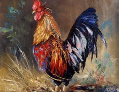 a painting of a rooster standing in the grass