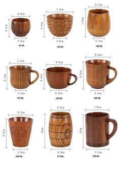 wooden coffee mugs are shown with measurements for each cup, and the cups have different designs on them