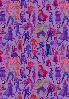 an image of many different people in purple and blue outfits on a purple background,