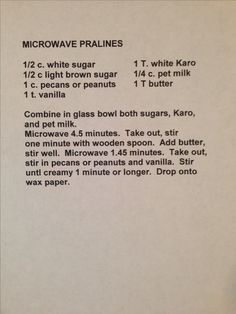 the instructions for microwave pralies are shown in black and white letters on a piece of paper