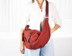 Crossover Purse, Slouchy Hobo Bag, Hobo Crossbody Bag, Red Canvas, Hobo Purse, Sheep Leather, Overnight Bag, Everyday Bag, Hobo Bag