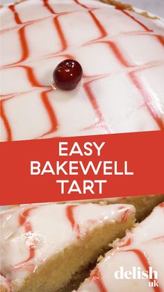 an easy bakewell tart cake with white icing and a cherry on top