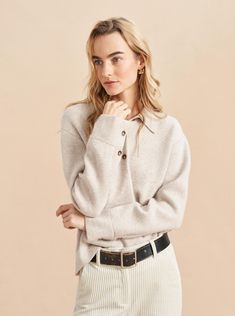 Jane Polo Sweater – La Ligne Classic Fine Knit Polo Sweater For Layering, Oversized Classic Long Sleeve Polo Sweater, Chic Long Sleeve Fine Knit Polo Sweater, Beige Textured Knit Polo Sweater, Essentials Clothes, Chic Long-sleeved Textured Knit Polo Sweater, Oversized Polo, Jessica Hart, Chelsea Girls